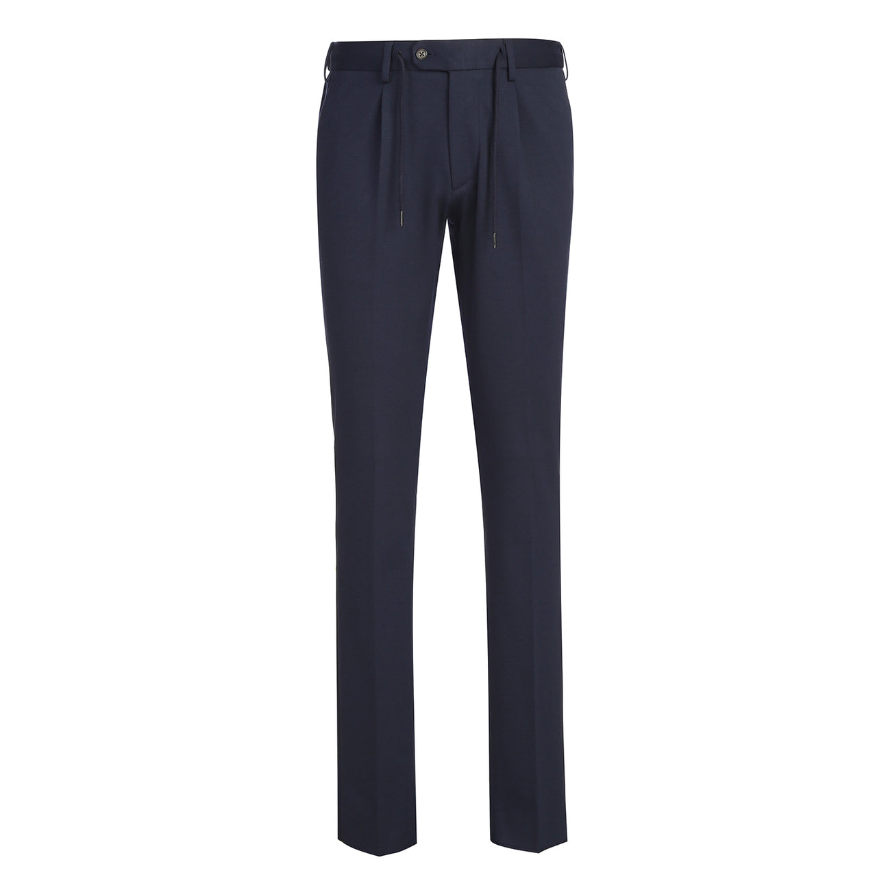 The mannequin wears a Pellagio Midnight Navy Men's Half Canvas Suit PF24-16, featuring a notched lapel, slim fit, and two buttons, paired with a white shirt and red patterned tie.