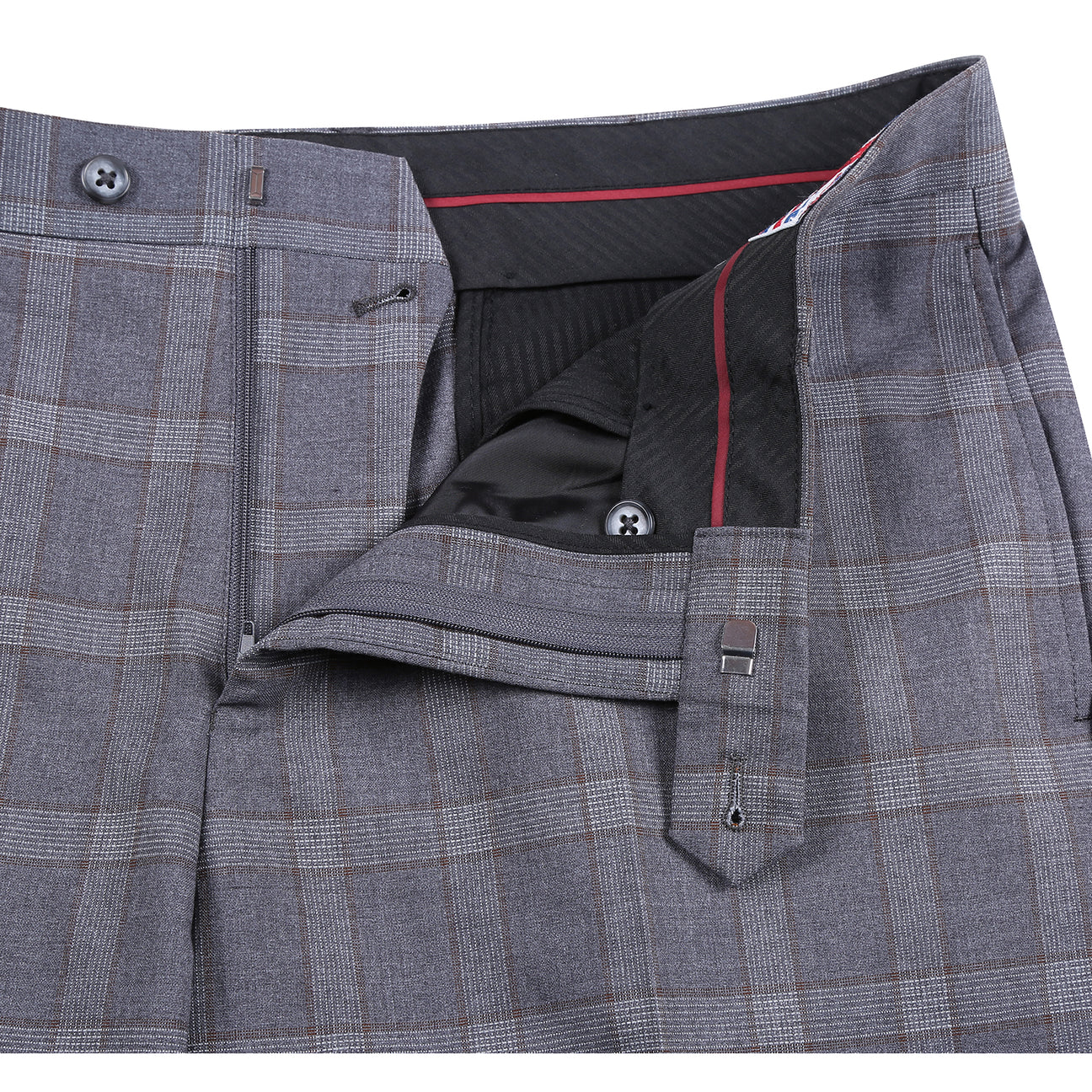 The ENGLISH LAUNDRY 2pc Suit Brown 32-68-092EL by English Laundry features a slim fit, two-button closure, notched lapels, and a partially visible floral patterned inner lining.