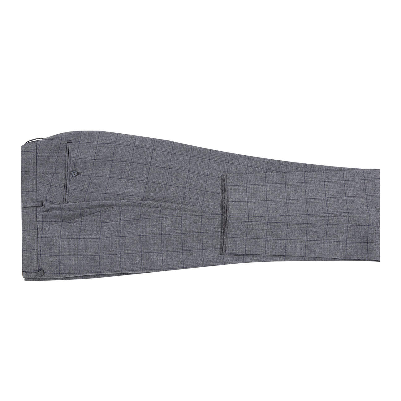 The Alessandro Vitello by Renoir Double-Breasted New Slim Fit Gray Suit 293-44 features a gray plaid design, styled here on a mannequin with a white shirt, maroon polka dot tie, and patterned pocket square for sharp modern elegance.