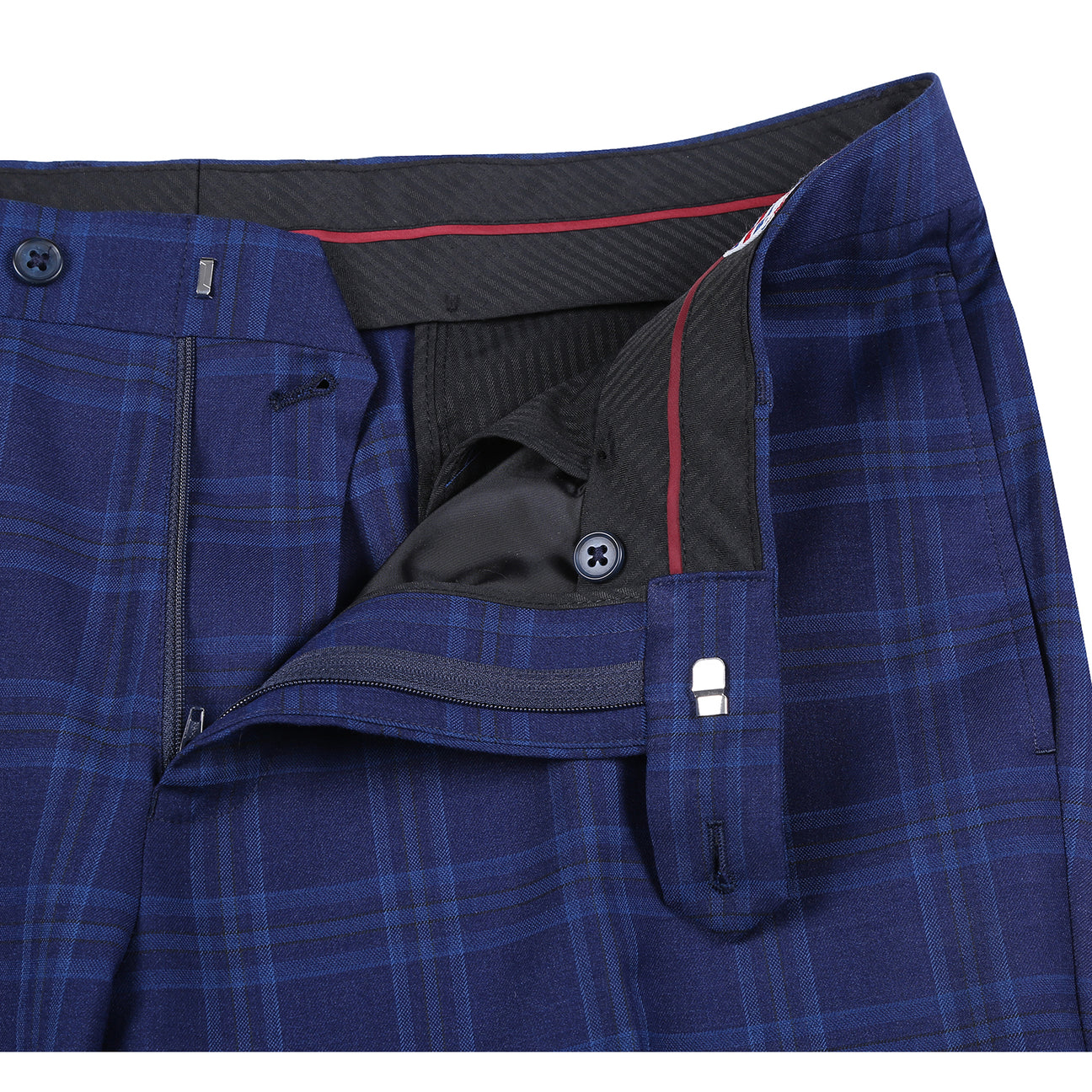 The English Laundry 2pc Suit Blue 32-60-400EL is a men's slim fit navy plaid blazer featuring a notched lapel, two-button closure, and blue patterned lining.