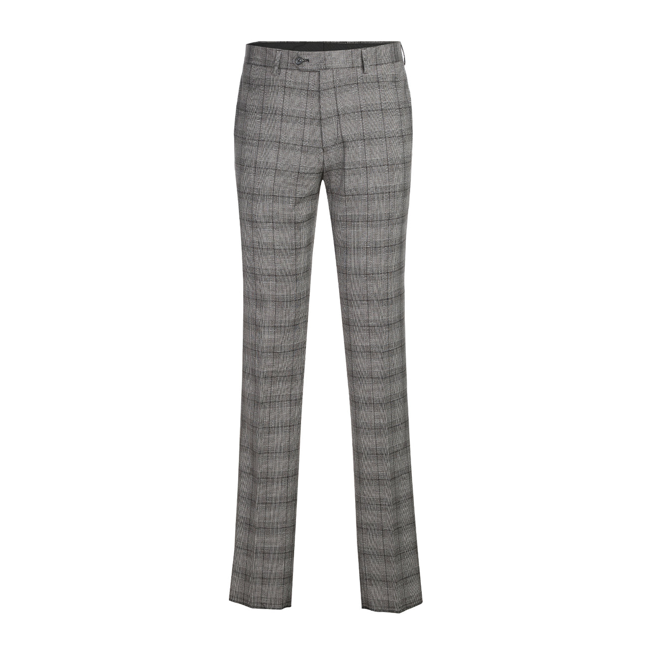 The ENGLISH LAUNDRY Gray Check Suit 22-60-002EL by English Laundry is displayed on a mannequin with a two-button closure, paired with a white dress shirt and a subtly patterned blue tie.
