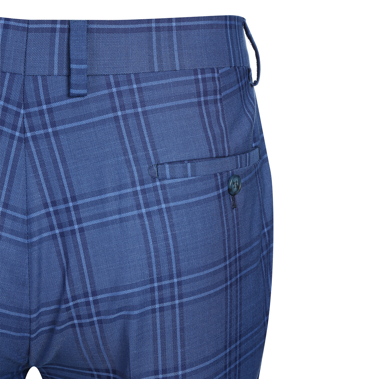 The ENGLISH LAUNDRY Blue Check Suit 12-63-411EL by English Laundry is a slim fit blue plaid blazer with two-button closure, notch lapels, front pockets, and a colorful floral lining, shown on a white background.