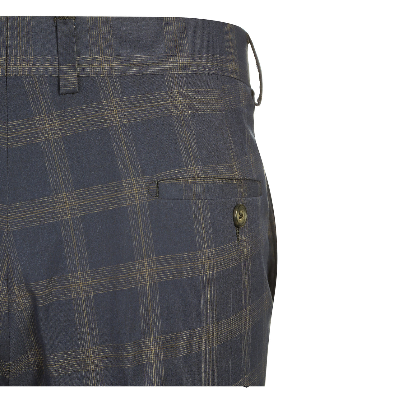 The ENGLISH LAUNDRY TR Suit 12-58-410EL by English Laundry is a navy blue plaid blazer with notch lapels, two buttons, flap pockets, and a colorful patterned inner lining shown in a front-facing view.
