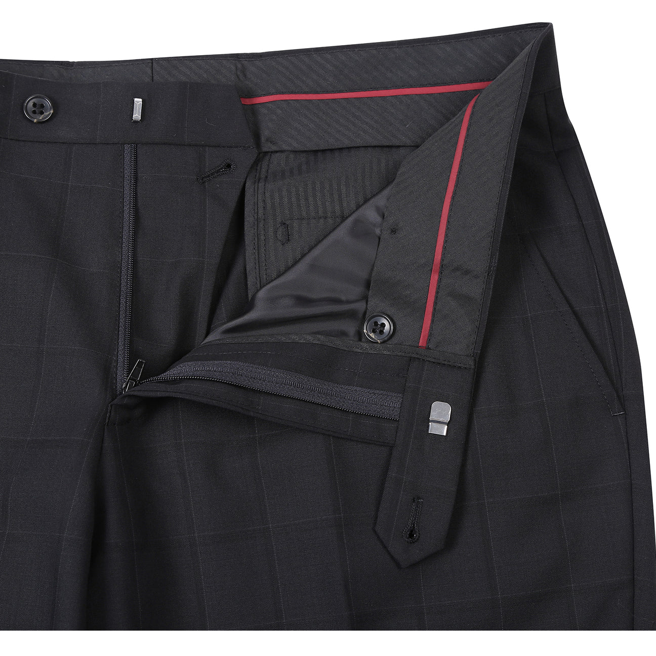 The Renoir Alessandro Vitello New Slim Fit Wool Black Suit 566-15 features a modern black checkered design, displayed on a mannequin with a white dress shirt and purple tie, blending classic style with contemporary fit.