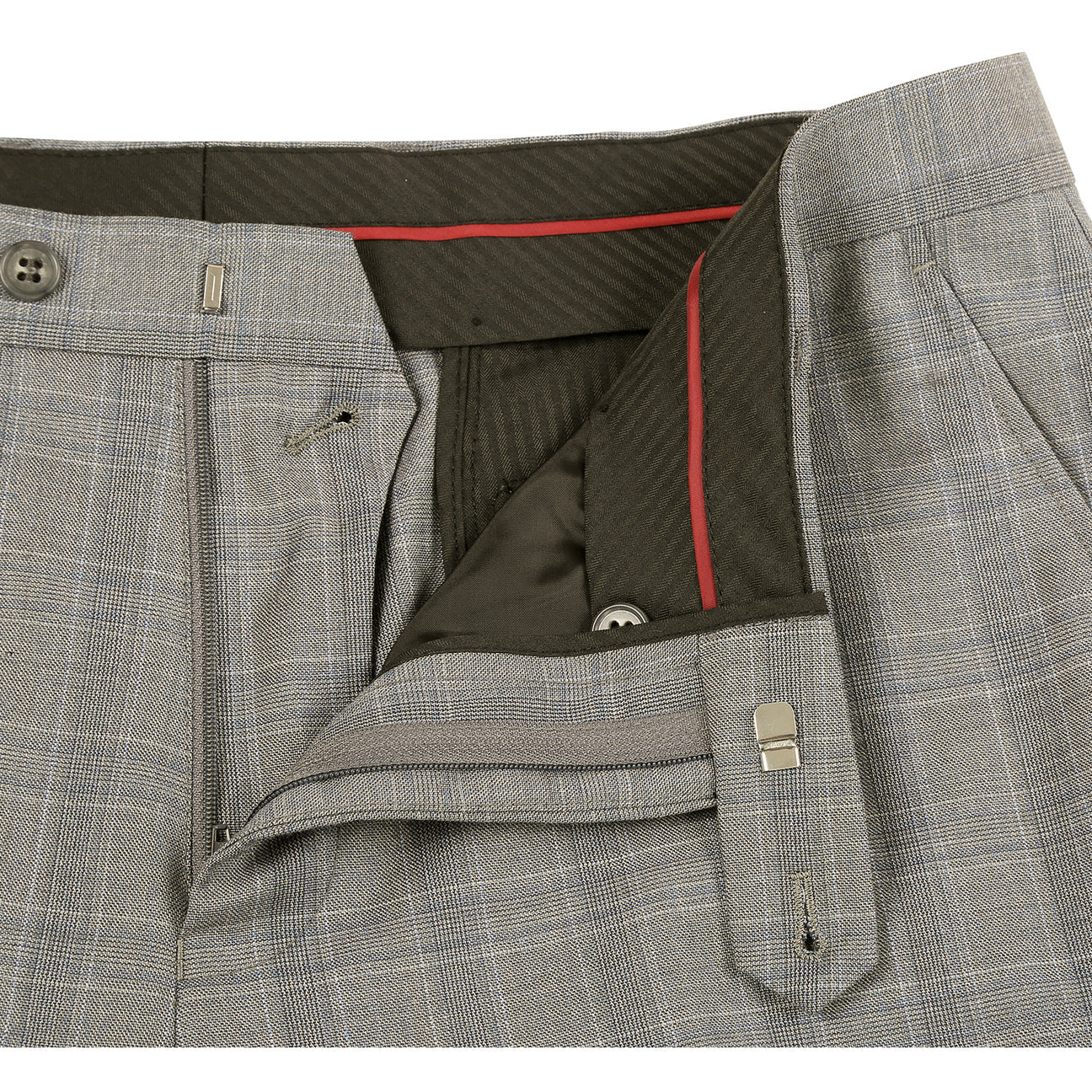 The Renoir Alessandro Vitello by Renoir Classic Fit Wool Suit 566-12, a gray plaid men's two-button jacket with notch lapels, is styled on a mannequin with a white dress shirt and red patterned tie.
