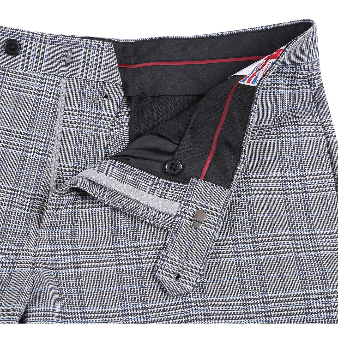 English Laundry 2pc Suit Light Gray 32-50-002EL: Men’s slim-fit single-breasted grey plaid blazer with two-button closure, two front pockets, and a blue patterned lining—versatile for any modern wardrobe. Displayed on a white background.