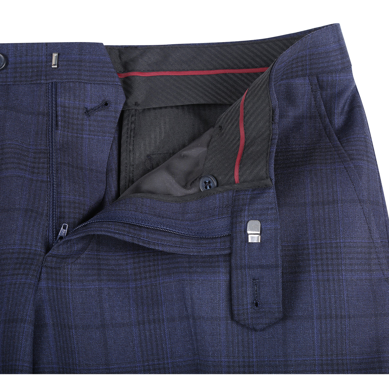 Showcase of Renoir’s Alessandro Vitello New Slim Fit Suit 568-3 in dark blue patterns, with peak lapel jackets, matching flat front pants, fabric/button close-ups, and side vents.
