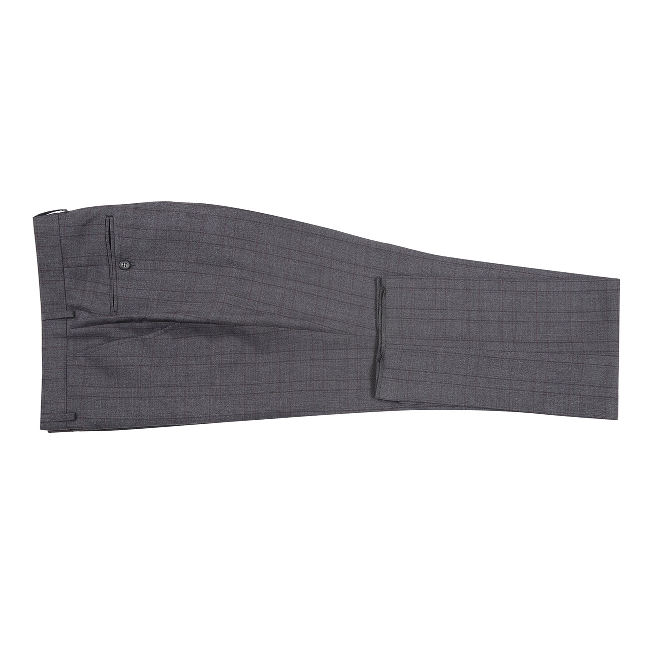 The Alessandro Vitello by Renoir New Slim Fit Gray Suit 293-47 is displayed on a mannequin, featuring a dark gray plaid design, polyester-rayon-spandex blend, paired with a white shirt, red patterned tie, and pocket square.