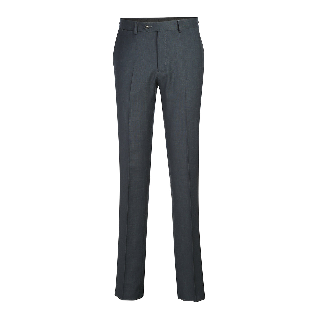 The English Laundry ENGLISH LAUNDRY Dark Green Check Suit 22-52-341EL features a men's suit jacket in dark green check with notch lapels and a two-button closure, styled over a white dress shirt and black striped tie on a mannequin.