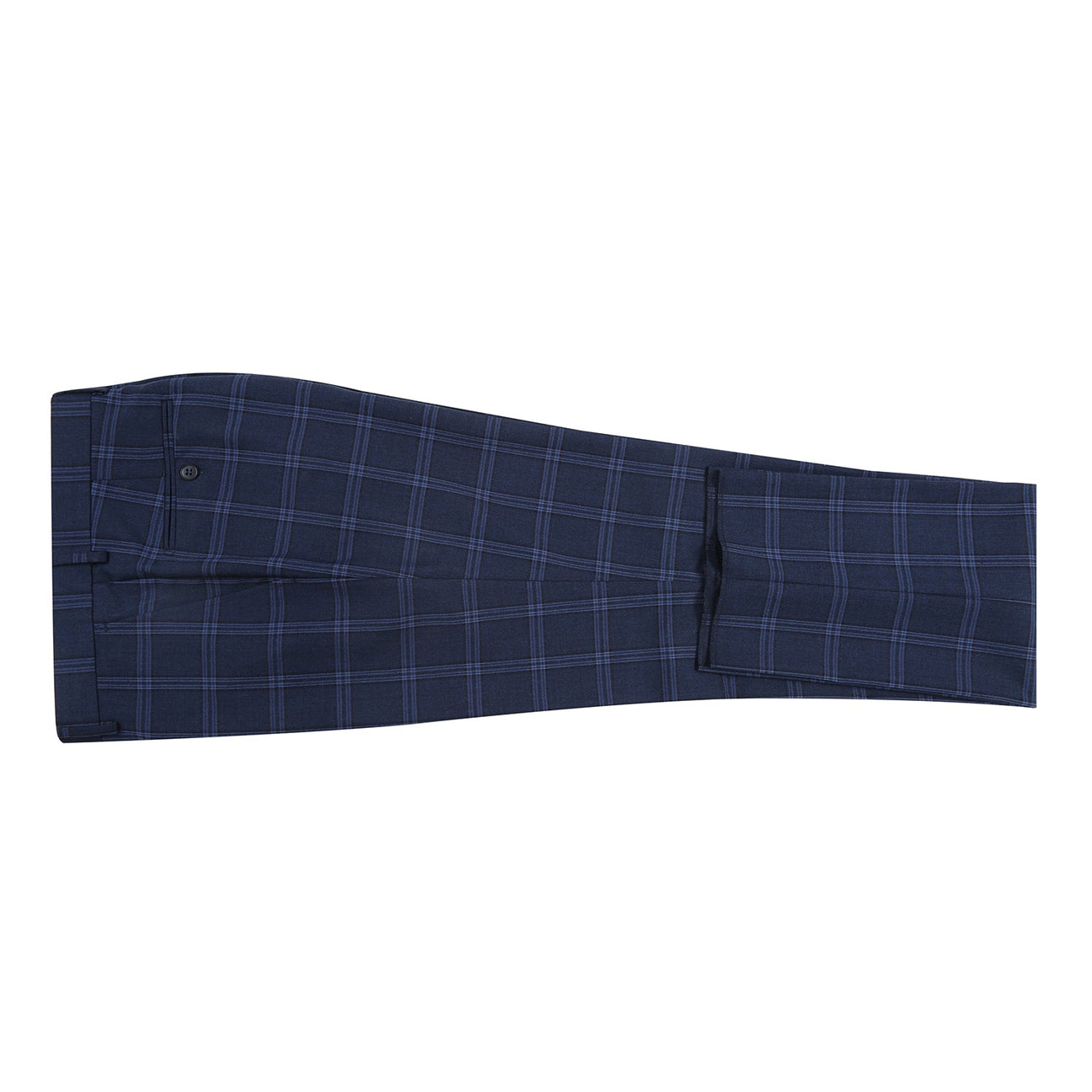 The Alessandro Vitello by Renoir Slim Fit Suit 293-22 features a navy plaid blazer on a mannequin with a white dress shirt, a burgundy polka dot tie, and flat front pants, complete with a notch lapel for sophistication.
