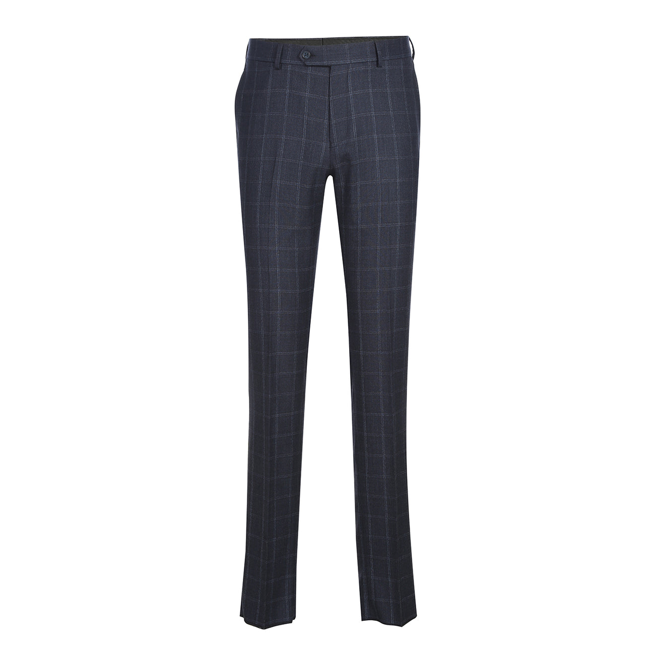 The ENGLISH LAUNDRY Navy Check Suit EL12-52-412 by English Laundry features a modern slim fit, shown here styled on a mannequin with a white dress shirt and striped tie for a sharp contemporary look.