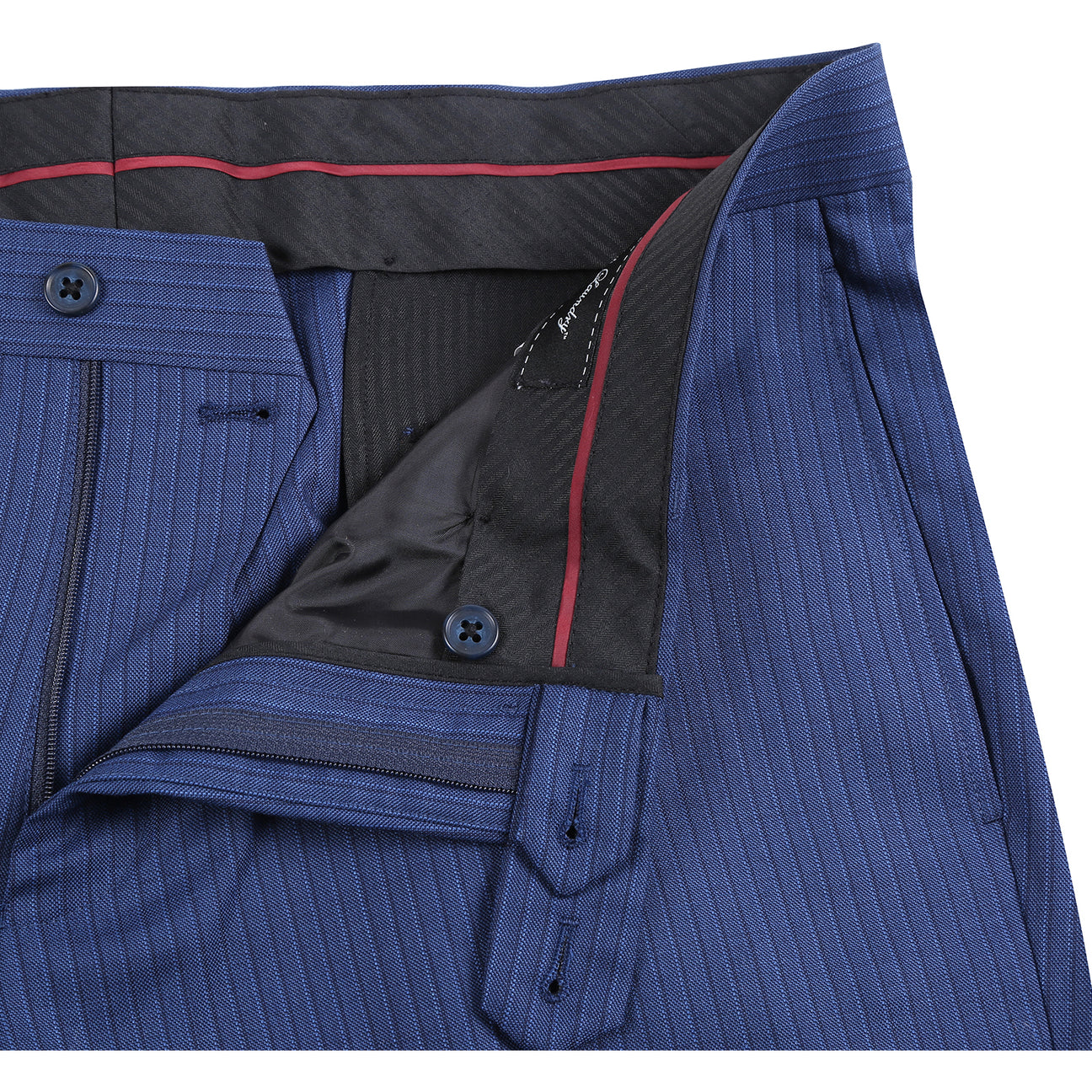 The English Laundry ENGLISH LAUNDRY 2pc Wool Suit Navy EL22-33-411 is a slim fit men's two-button jacket with blue pinstripes, side pockets, and a patterned inner lining, shown on a white background.