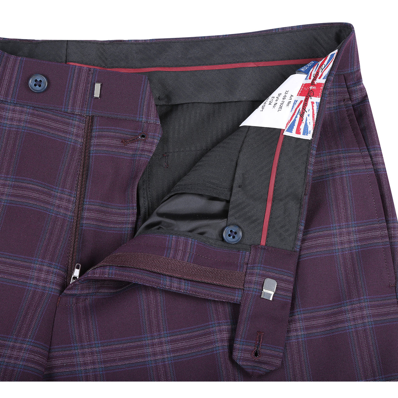 The English Laundry 2pc Suit (Purple, style 32-69-702EL) features a single-breasted jacket with two buttons, notched lapels, flap pockets, and a light blue floral lining.