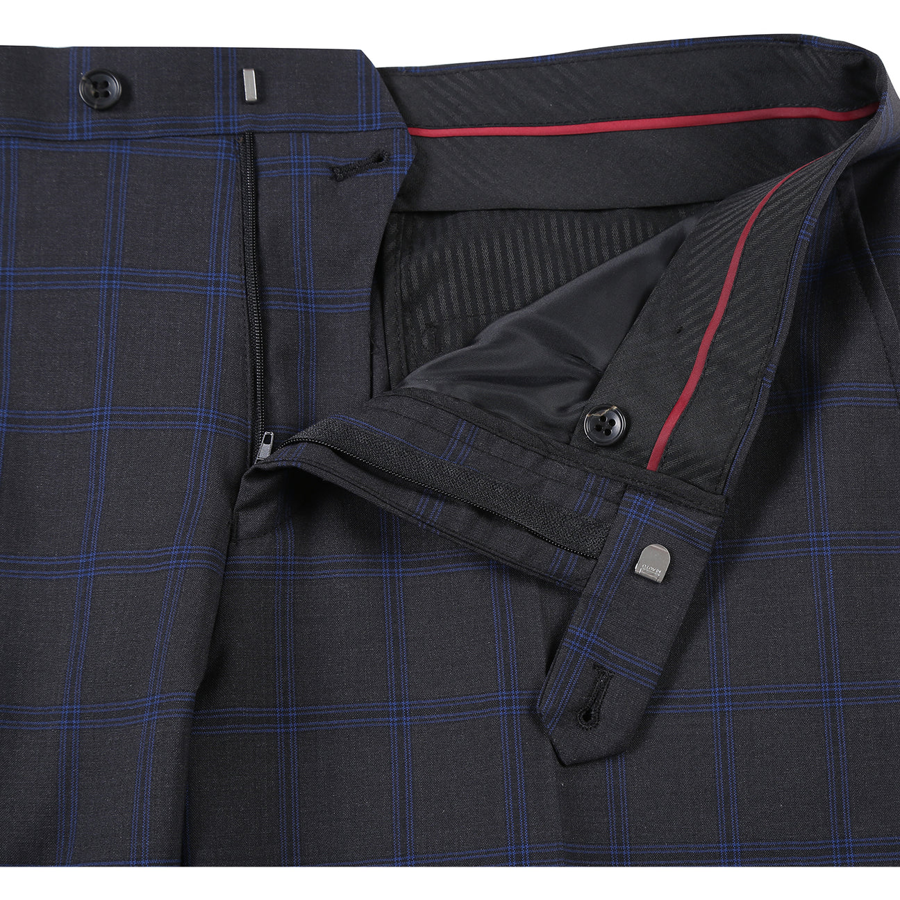 The Alessandro Vitello ALESSANDRO VITELLO New Slim Fit Wool 566-8 Suit features a navy check single-breasted jacket on a mannequin, paired with a white shirt and blue striped tie. Made from 100% wool, it offers stylish comfort for formal occasions.