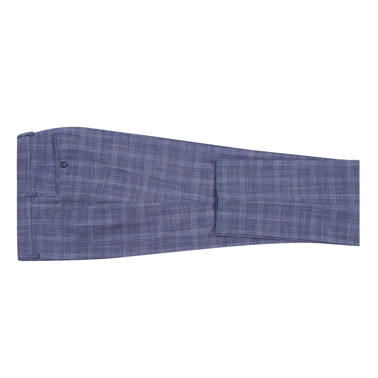 The Alessandro Vitello by Renoir Slim Fit Checked Suit Blue 293-24, featuring a blue plaid notch lapel jacket paired with a white dress shirt and an orange patterned tie, is elegantly displayed on a mannequin. Its polyester rayon blend ensures both comfort and style.