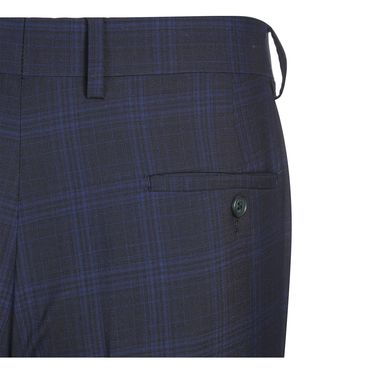 The ENGLISH LAUNDRY Dark Blue Wool Suit EL92-58-555 by English Laundry is a slim fit, plaid wool blazer with two buttons, notch lapels, flap pockets, and a patterned inner lining, shown against a white background.