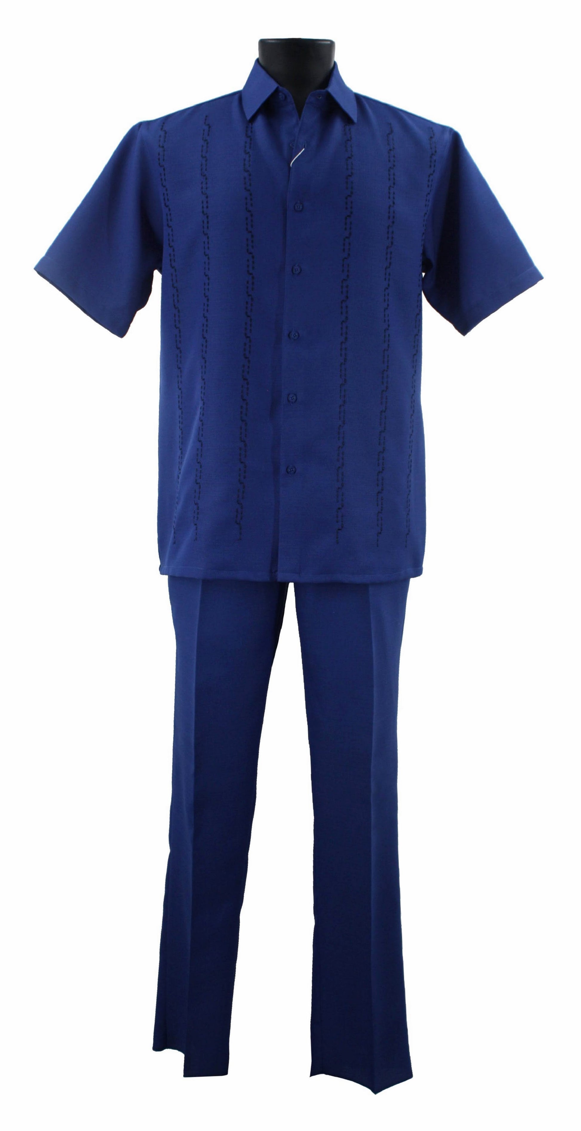 A mannequin showcases the Bassiri Royal Blue 2pc Set A 139, featuring a blue short-sleeve shirt and matching trousers crafted from polyester, exuding a sleek allure.