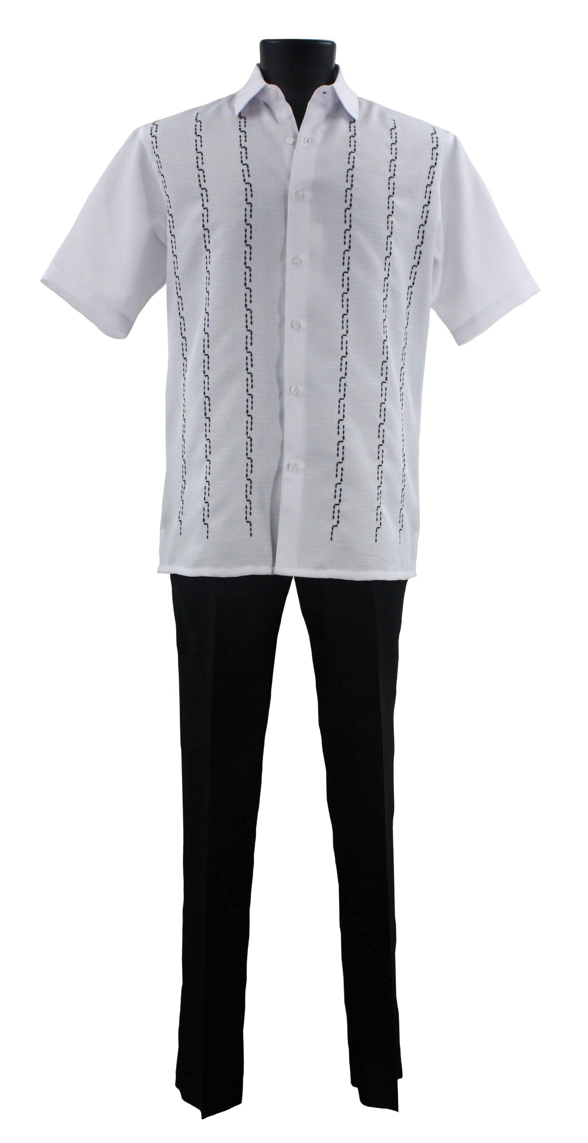 A black mannequin showcases the Bassiri White 2pc Set A 139, featuring a white short-sleeve polyester shirt with black embroidered vertical patterns, complemented by stylish black pants from the Bassiri brand.
