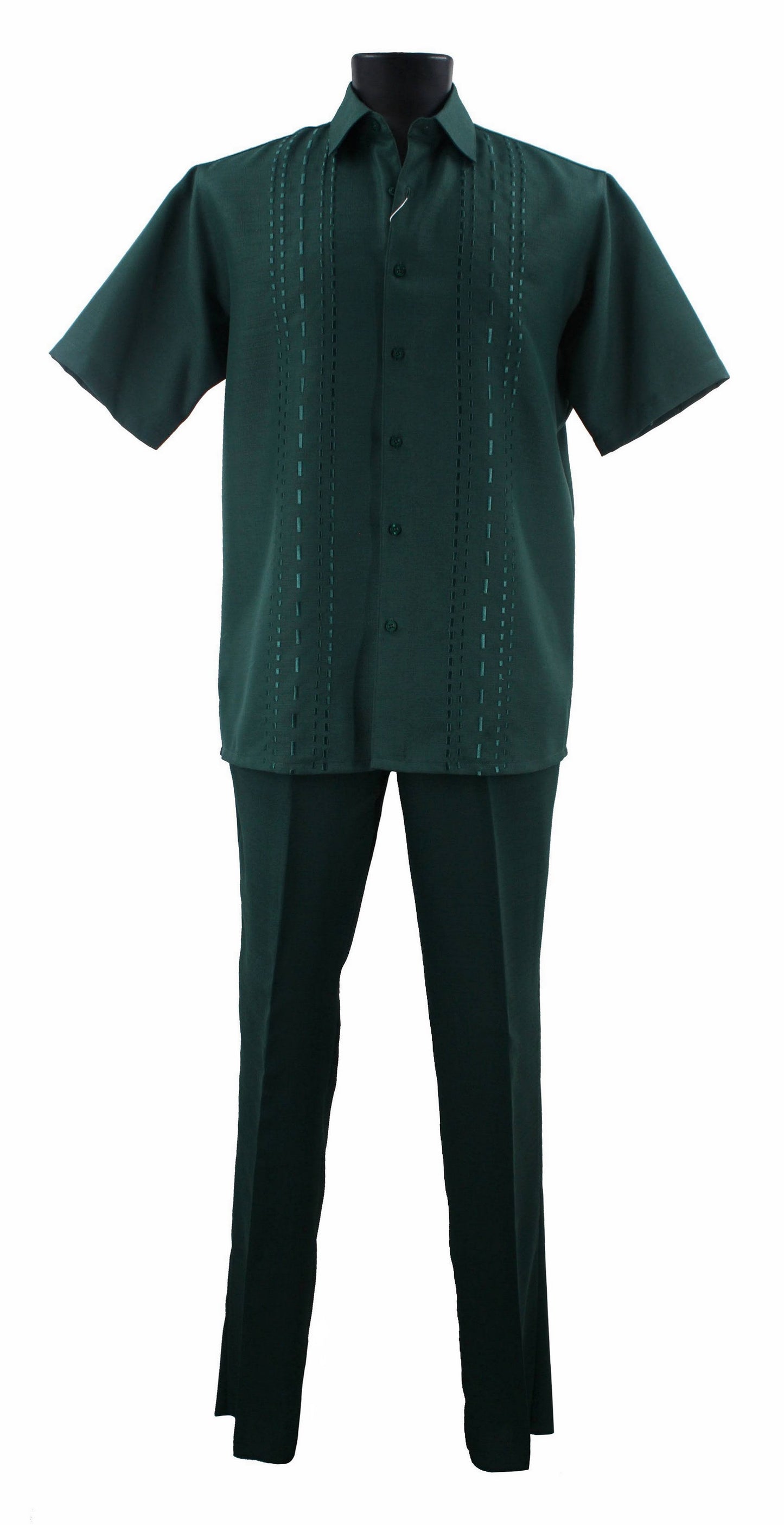 The Bassiri Emerald Green 2pc Set A 140 is a fashionable ensemble featuring a green guayabera shirt with short sleeves and embroidered details, crafted from polyester, along with matching green trousers.