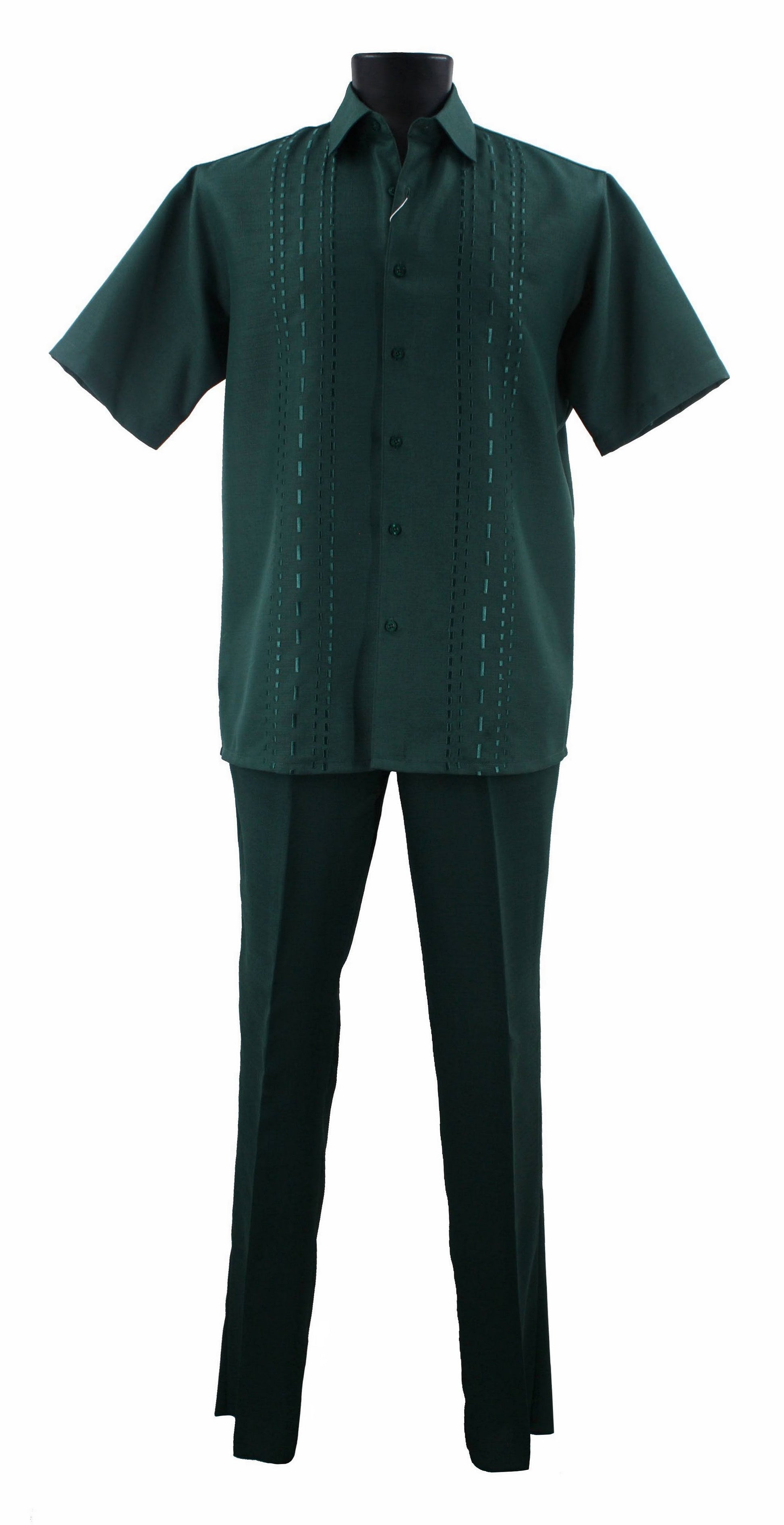 The Bassiri Emerald Green 2pc Set A 140 is a fashionable ensemble featuring a green guayabera shirt with short sleeves and embroidered details, crafted from polyester, along with matching green trousers.