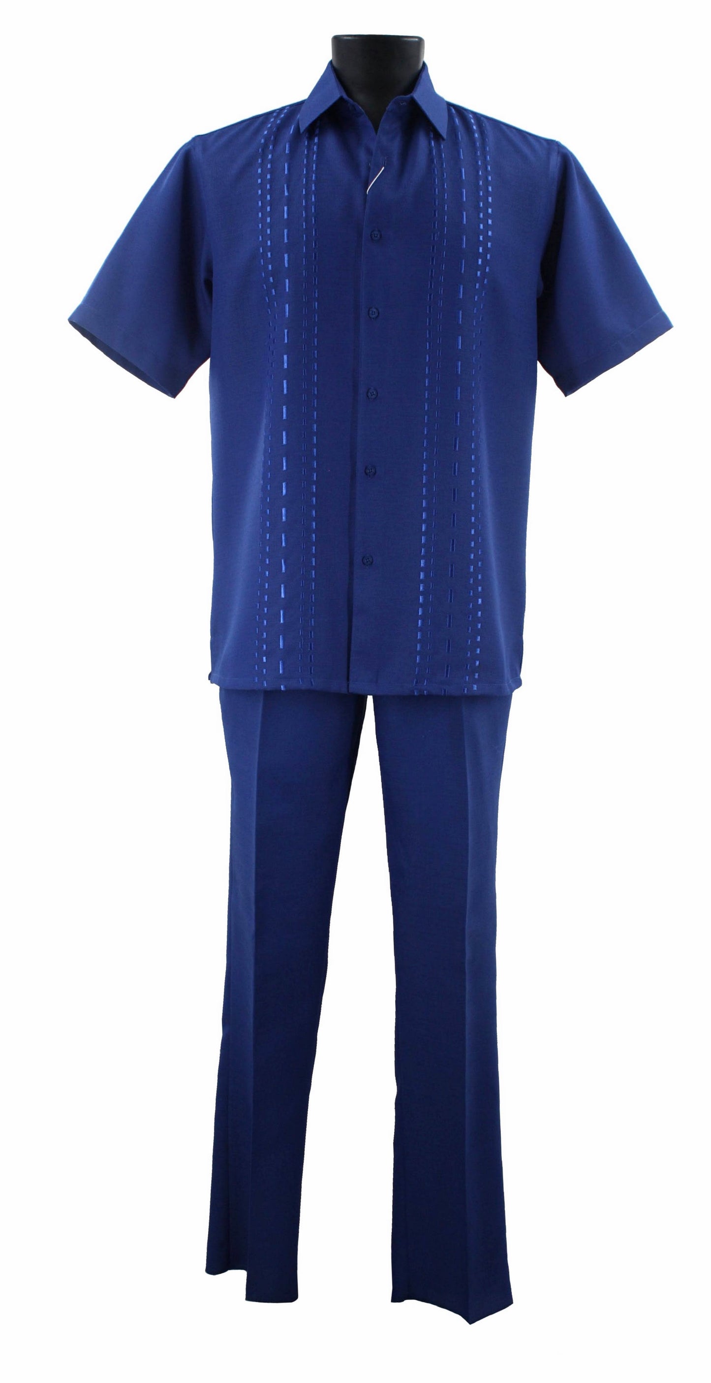 The Bassiri Royal Blue 2pc Set A 140 from Bassiri features a short-sleeved shirt with vertical embroidery, crafted from polyester, and matching trousers for a sleek and modern look.
