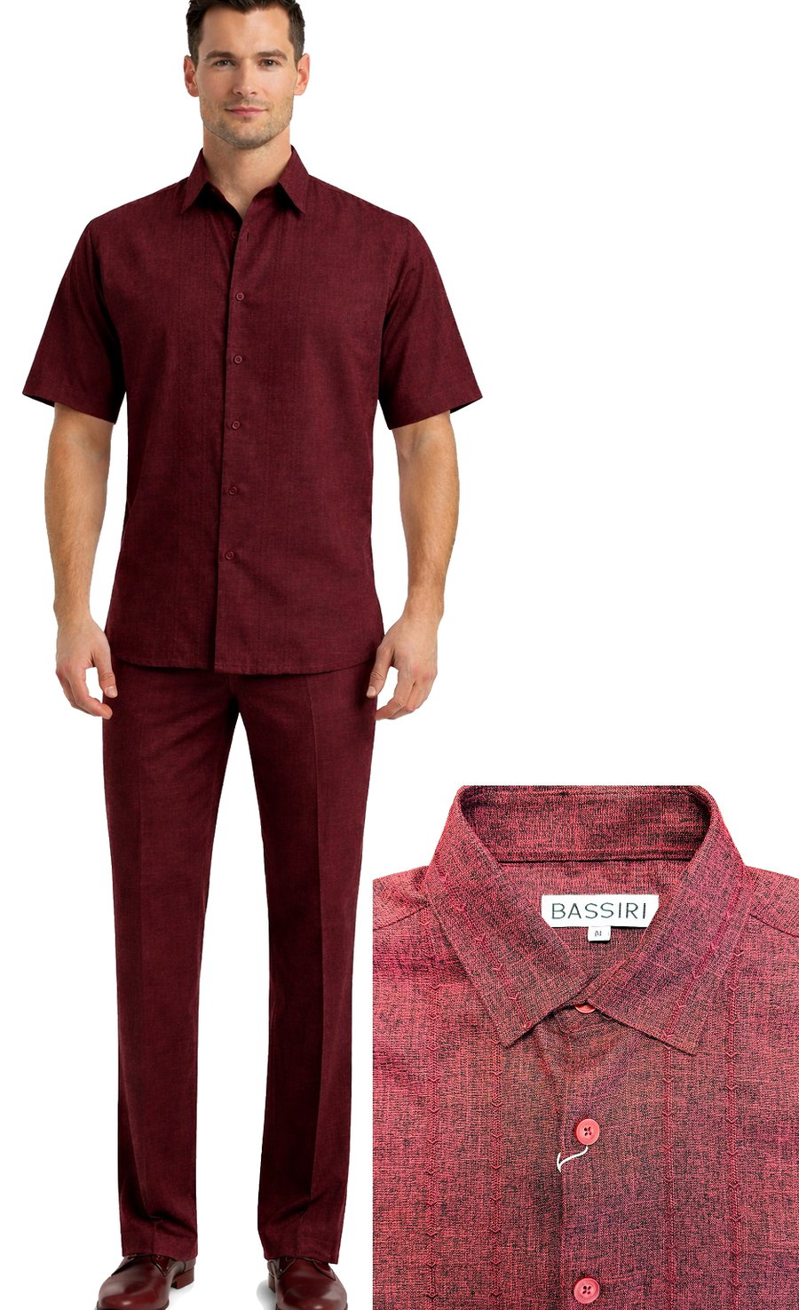 A man wears the Bassiri Burgundy 2pc Set A 146; close-up inset shows the shirt collar and Bassiri label.