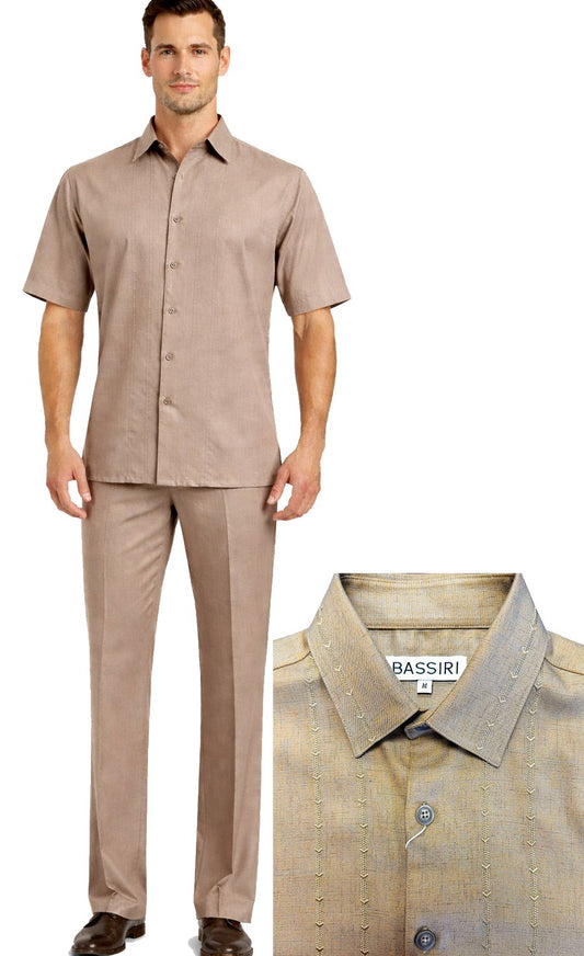 Man wearing the Bassiri Gold 2pc Set A 146 by Bassiri—a light brown short-sleeve button-up shirt with matching pants; close-up inset highlights the collar and stitched detailing near the buttons.
