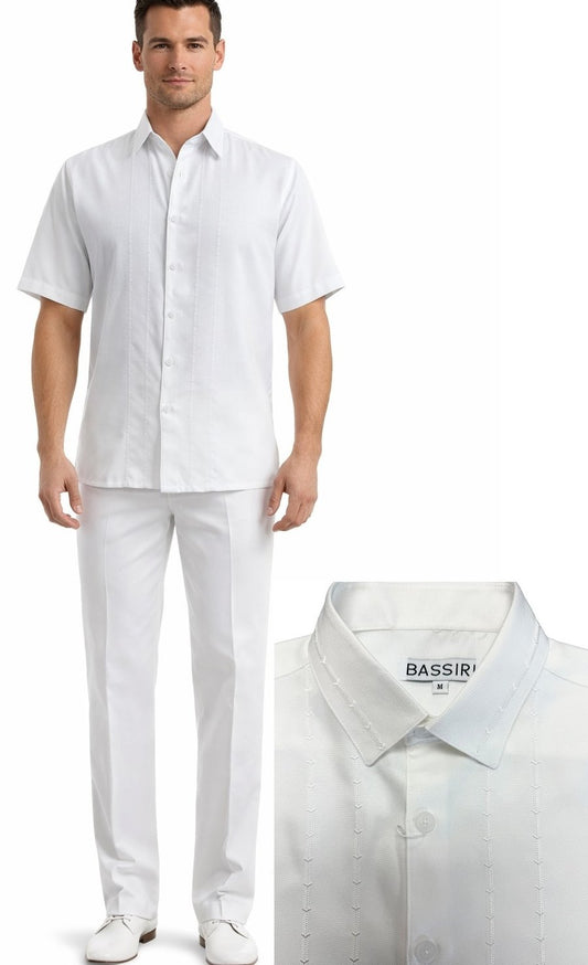 A man wears the Bassiri White 2pc Set A 146; a close-up inset highlights the shirt collar with the Bassiri label.