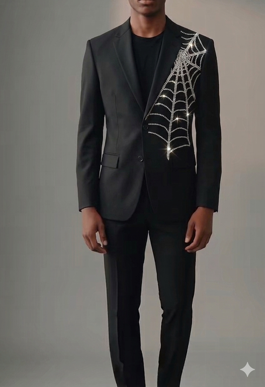 A person wears the Unique Design Menswear Custom prom suit featuring a clear spider web design on one shoulder, standing against a plain background.