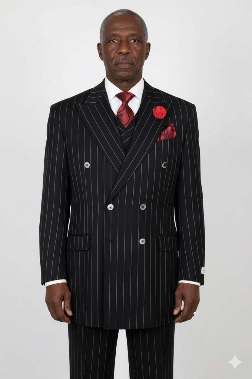 The Tiglio Rosso DB Este Black Pinstripe Tig1052, crafted entirely from wool, is a double-breasted suit featuring a red rose on the lapel and is complemented with a coordinating red tie and pocket square for an elegant touch.