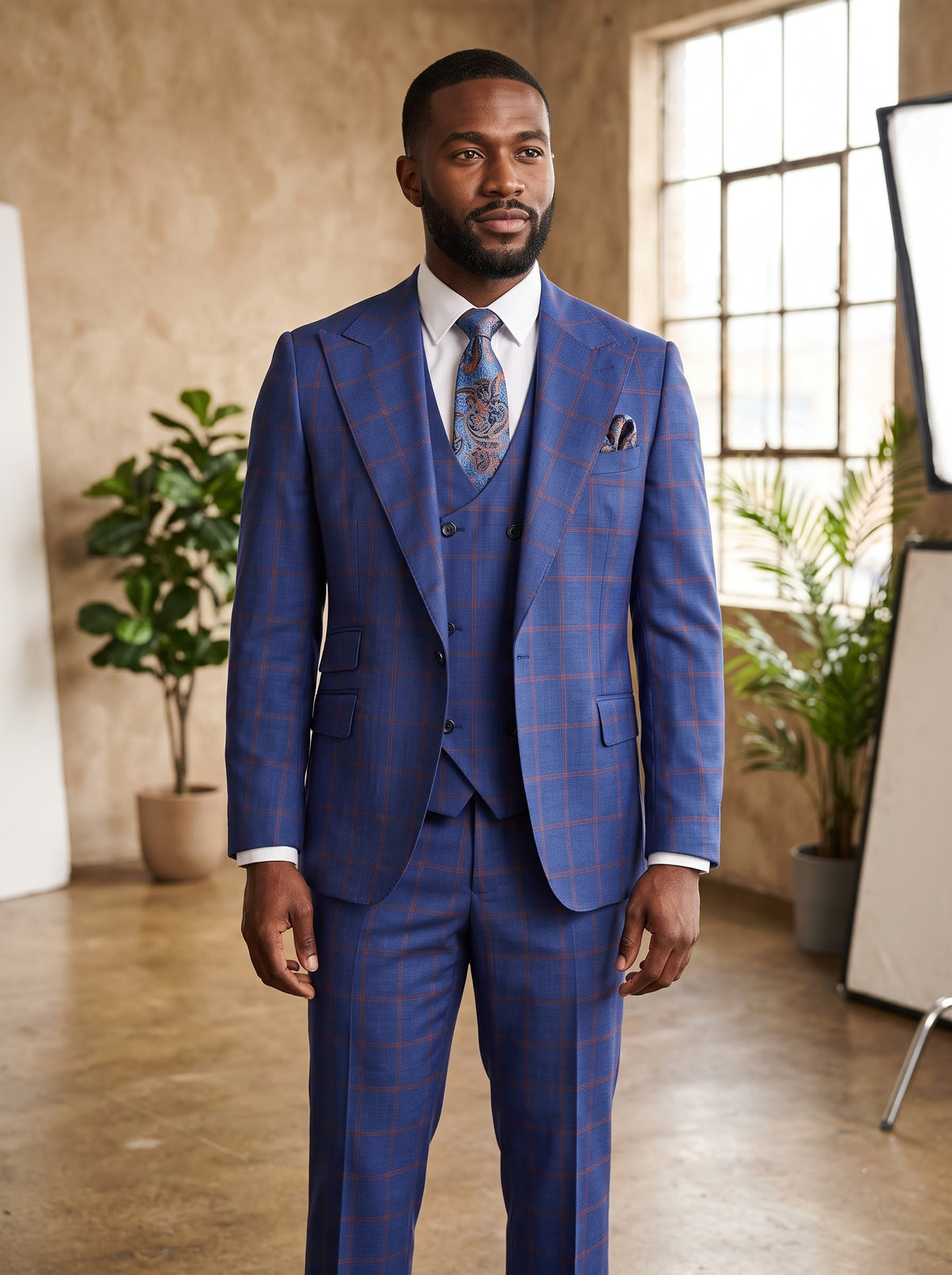 A man wearing a blue and red windowpane Tiglio Rosso Orvietto Semi Wide Leg Blue/Red Windowpane TL8074 three-piece suit, a white dress shirt, and a patterned blue tie.