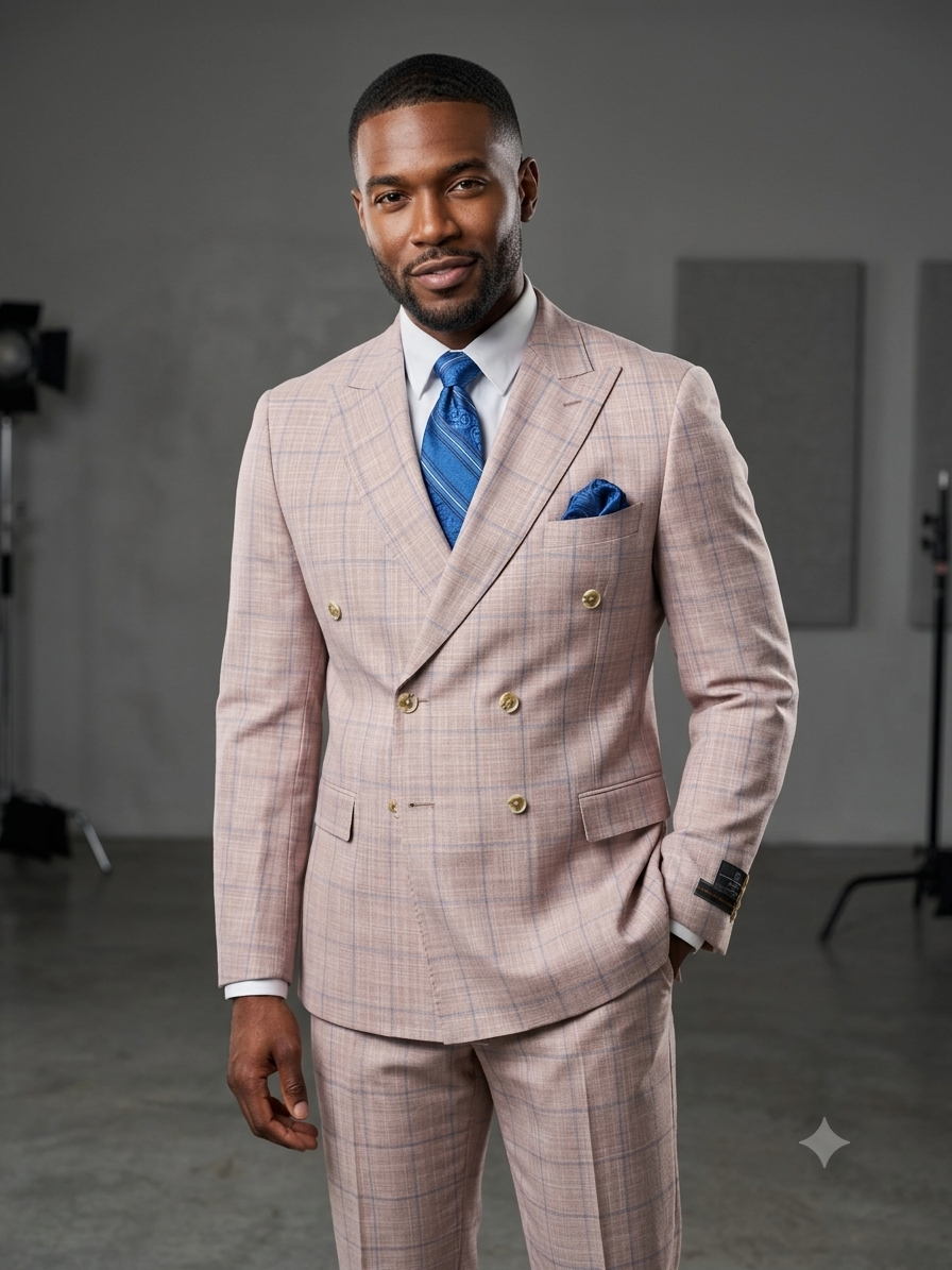 A man wearing the Tiglio Luxe PISTOIA Modern Fit Blue Windowpane Double Breasted Suit by Tiglio stands in a studio with a neutral gray background, his look completed by a coordinating blue tie and pocket square.