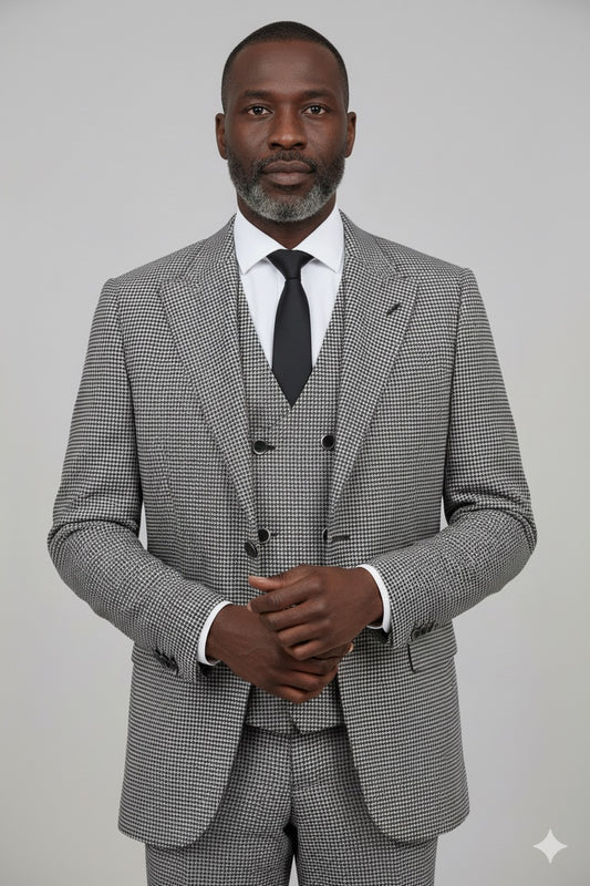 The Tiglio Luxe Prosecco suit features a black and white mini houndstooth pattern in modern fit pure wool, including a single-breasted blazer, double-breasted vest, and matching trousers—luxury tailoring at its finest.