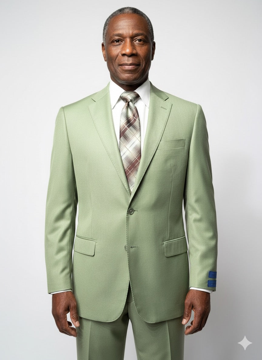 A mannequin showcases the CAVELLI Cavellini Uomo Dolcetto MODERN FIT Suit 6667/34 in light green with matching jacket and trousers, paired with a plaid tie and white shirt, set against a gray background—ideal for modern office wear.