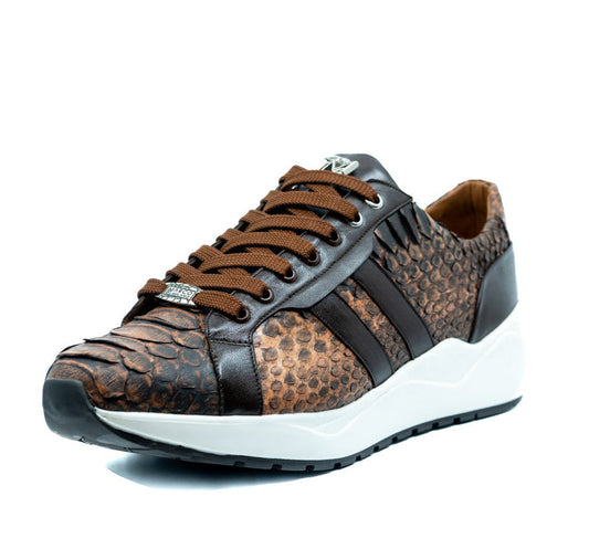 The Verona Rustic Cognac by Marco Di Milano is a brown and black python sueded fashion sneaker with a textured reptile-like pattern, dark laces, white midsole, and black outsole—an elevated choice in luxury men's footwear.