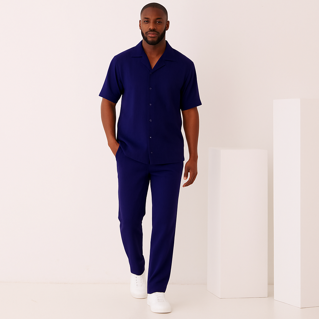 The Inserch 2pc Set features a regular fit, short-sleeve, button-up microfiber shirt and pants in solid navy blue by Inserch, laid flat on a light background.