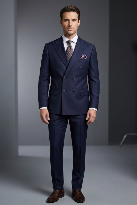 The Tiglio Luxe New Blue Santorini, Slim Fit Pure Wool Men’s Suit TIG1036 highlights refined tailored style with a double-breasted jacket and matching trousers, crafted in pure wool by Tiglio Luxe against a white background.