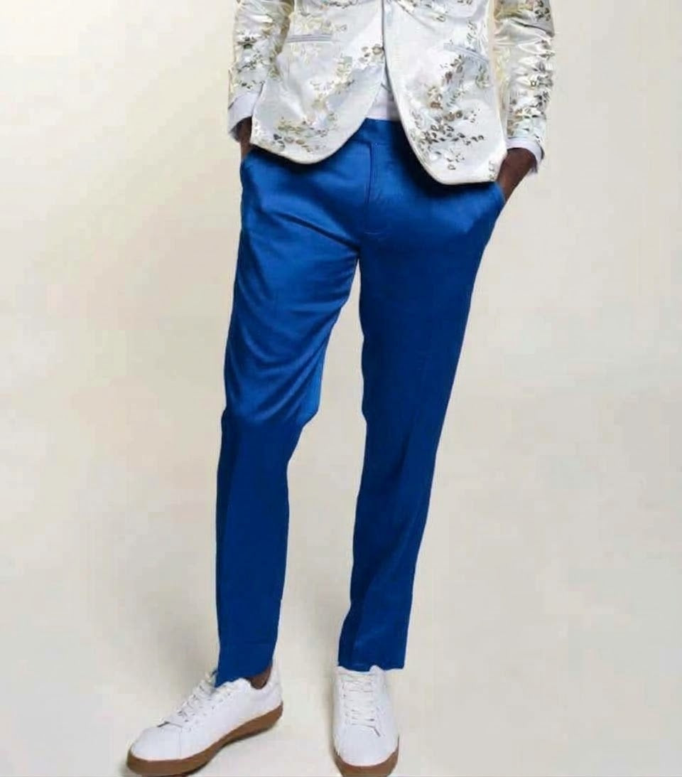 Close-up of the waistband and upper portion of the Inserch Stretch Satin Pants P3901-00013 in royal blue, featuring a slim fit, button closure, and belt loops, photographed against a neutral background.