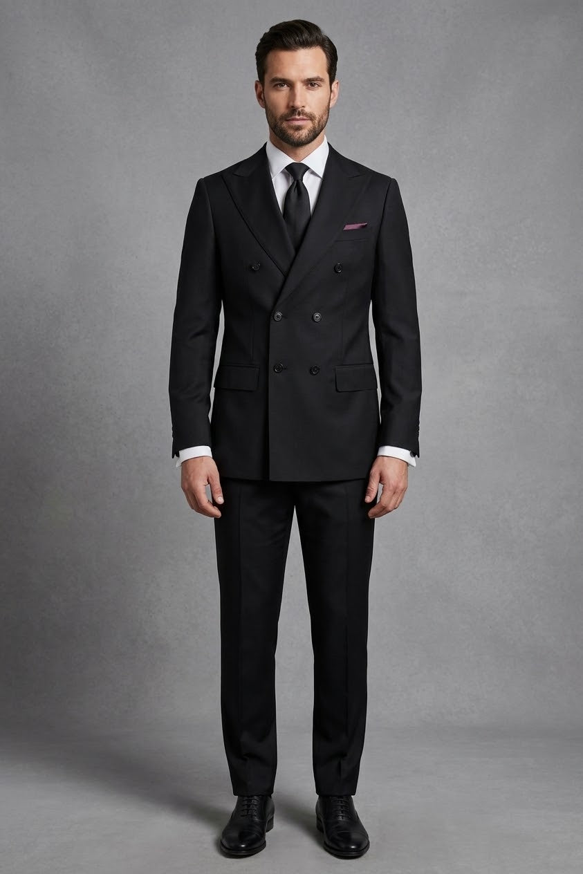 The Tiglio Luxe Black Santorini, Slim Fit Pure Wool Men’s Suit (TIG1001) features a double-breasted jacket with peak lapels, purple lining, and matching trousers, shown on a white background—showcasing Italian elegance.