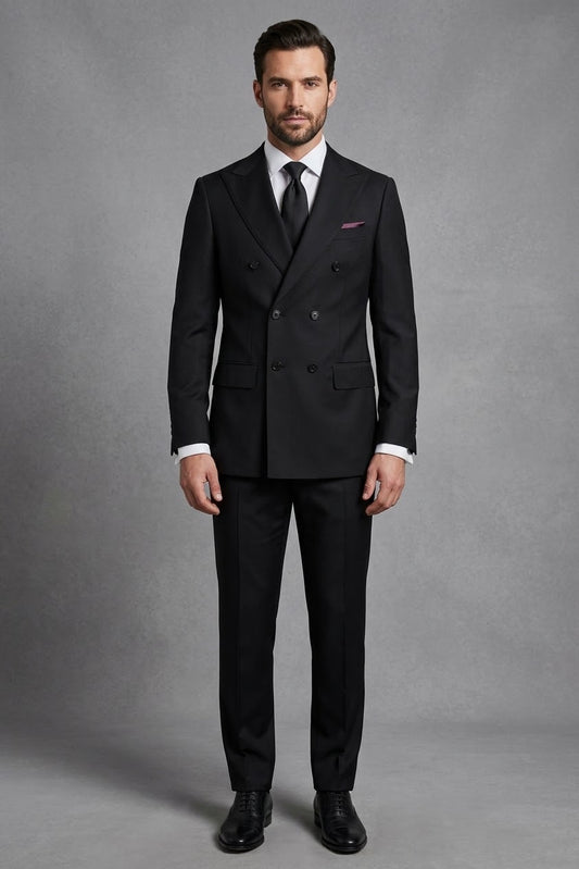 The Tiglio Luxe Black Santorini, Slim Fit Pure Wool Men’s Suit (TIG1001) features a double-breasted jacket with peak lapels, purple lining, and matching trousers, shown on a white background—showcasing Italian elegance.
