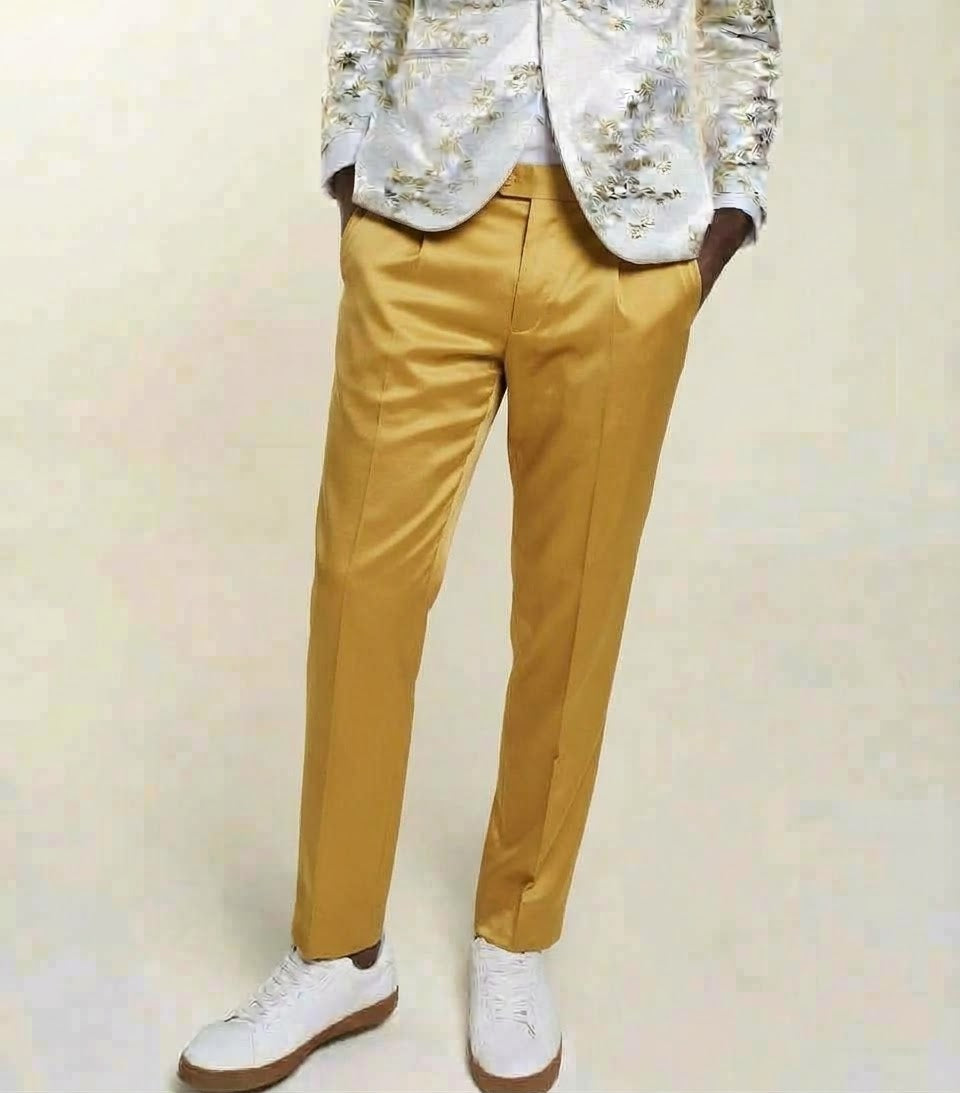 Inserch Stretch Satin Pants P3901-00038 Gold by Inserch, featuring a slim fit in gold with belt loops, a button closure, and zip fly, shown from the waistband to mid-thigh against a plain background.