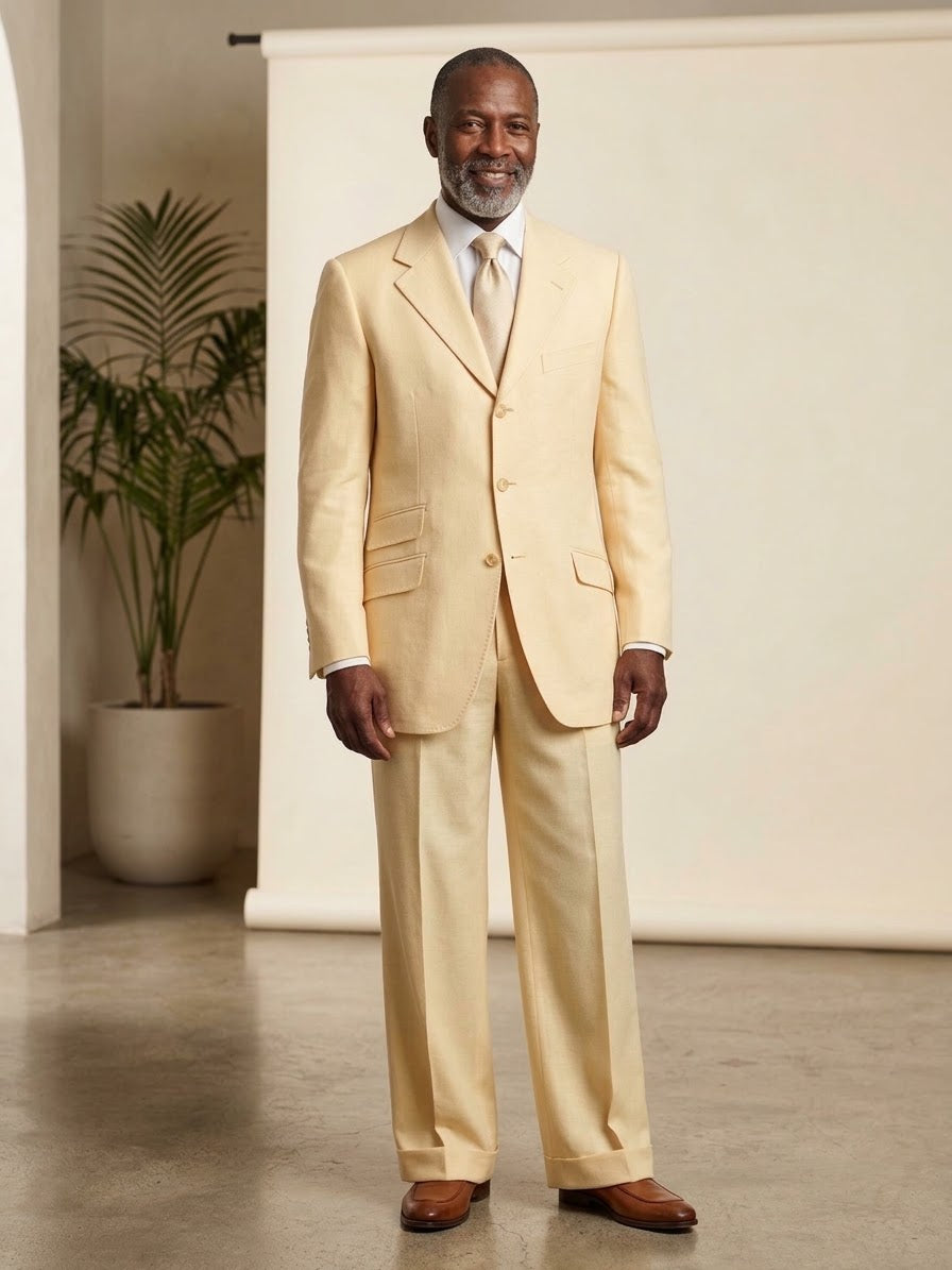 A man stands indoors smiling, dressed in the Tiglio Rosso “BASITO” Banana Wide Leg Pure Wool Suit (E09063-1), paired with a white shirt, tie, and brown shoes. A potted plant and beige backdrop are visible in the background.