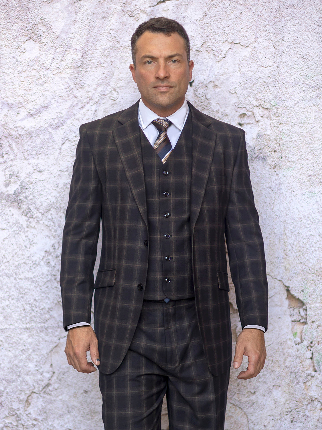 MANZINI ARIA Men's 3-Piece Tailored Fit Plaid Business Suit Brown ...