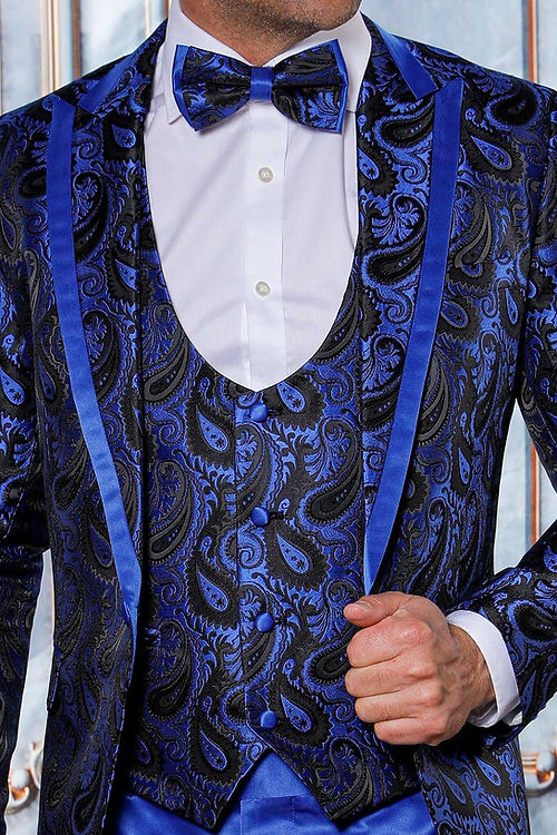 Wearing the Insomnia MANZINI ASHER 3-Piece Slim Fit Royal Tuxedo Prom Suit, featuring shiny satin and a paisley pattern, a person stands before an ornate backdrop.
