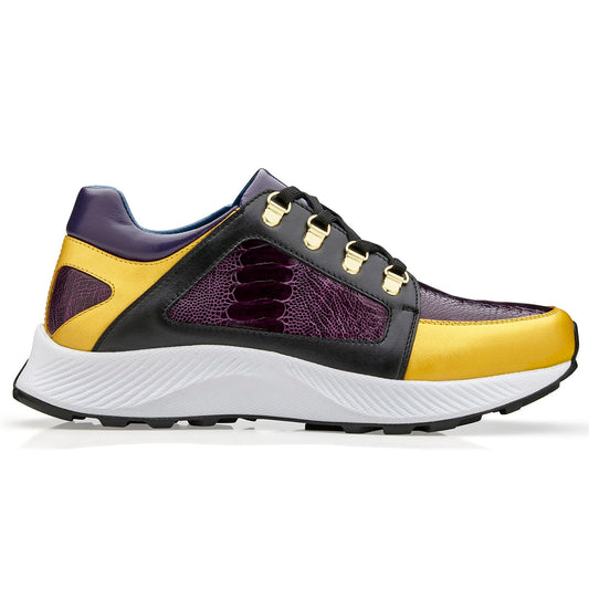The BELVEDERE Adam sneaker features genuine ostrich leg and soft calf leather in gold, purple, and black, with a white sole, black laces, and gold eyelets for premium style and comfort.