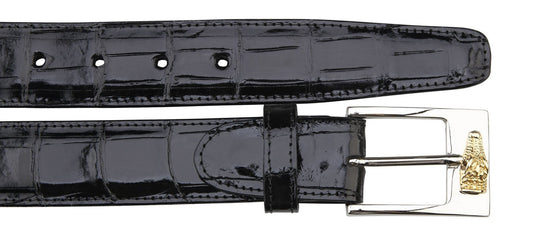 A close-up of the Belvedere Alligator Belt, featuring an authentic alligator leather with a crocodile pattern, available in size 44, and equipped with an adjustable silver buckle adorned with a gold emblem.