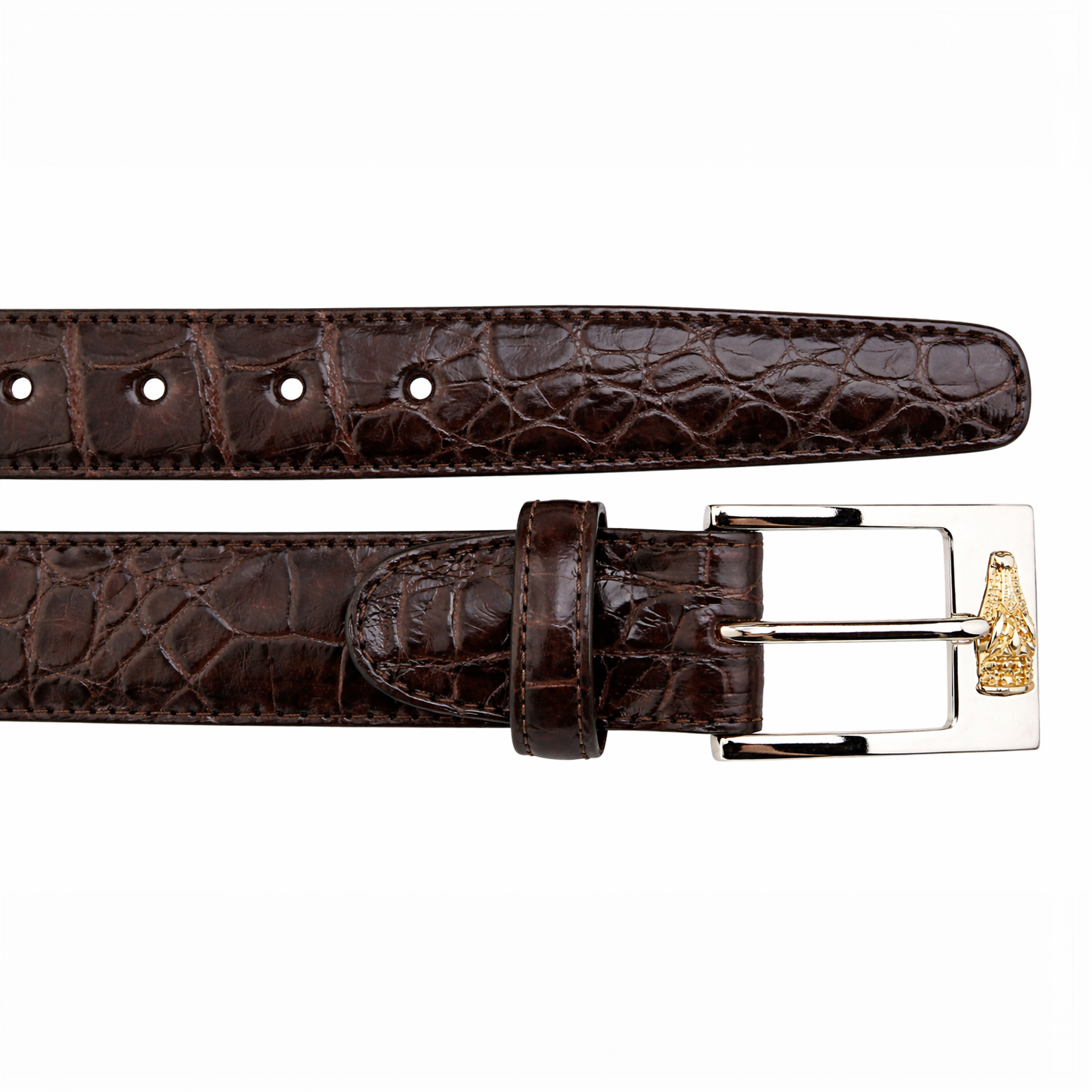 The BELVEDERE Belvedere Alligator Belt Chocolate 2008 is a brown leather belt with a silver buckle and gold accent, adjustable to fit up to size 44.