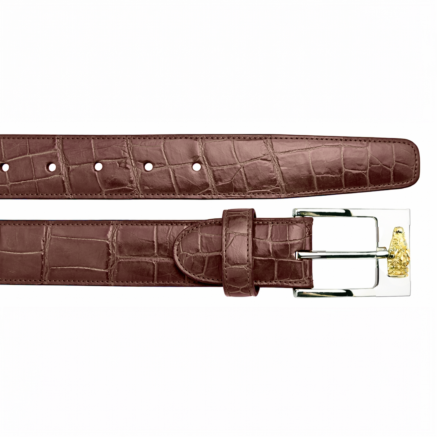 The Belvedere Alligator Belt Peanut 2008 by BELVEDERE is a stylish brown belt with crocodile-pattern leather, silver rectangular buckle, gold accent, and adjustable fit. Available in size 44.