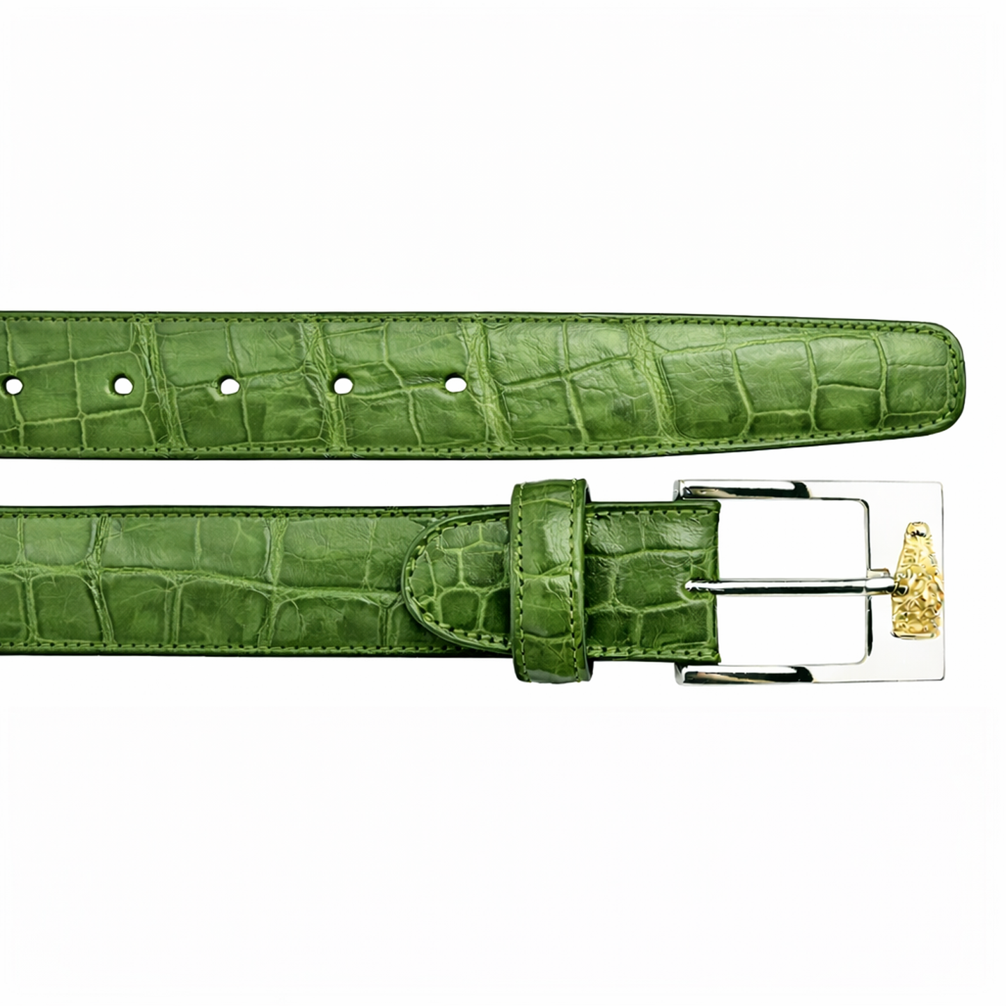 The BELVEDERE Belvedere Alligator Belt Pistachio 2008 features genuine alligator leather in a green crocodile pattern with an adjustable fit and a silver rectangular buckle accented with gold for timeless style.