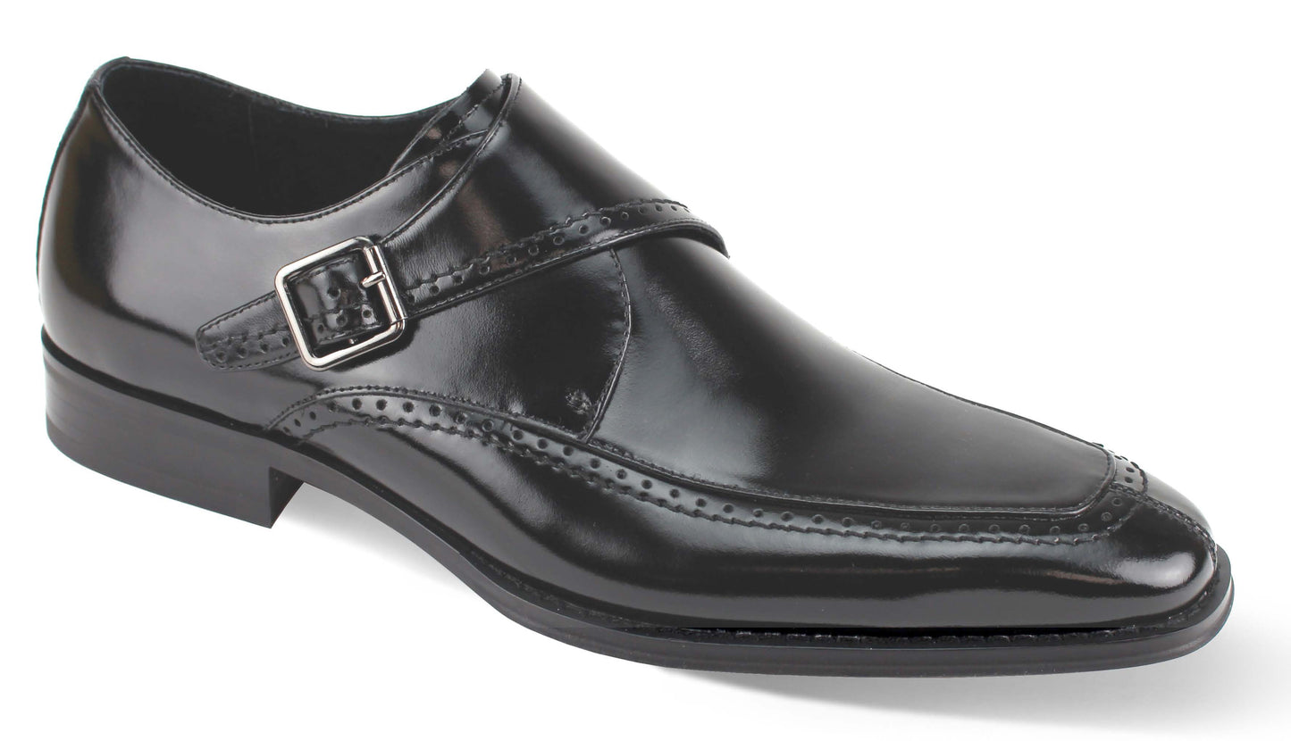 The Giovanni Amato Black Leather Shoes by GIOVANNI are polished dress shoes made from black leather, featuring a silver buckle and decorative stitching. The sleek monk strap design adds an extra touch of elegance.